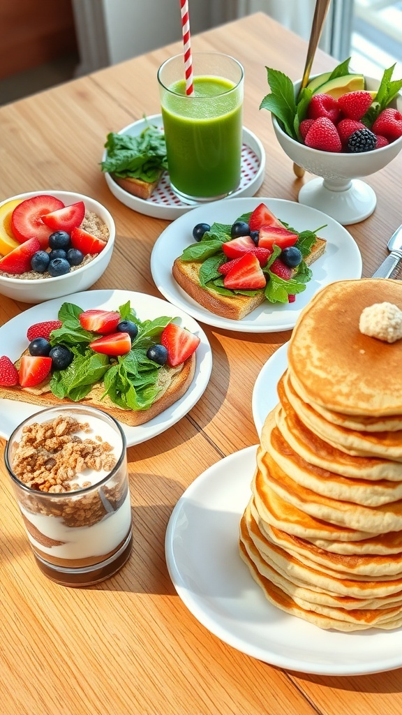 A colorful breakfast spread with overnight oats, smoothie, scrambled eggs, avocado toast, yogurt parfait, and banana pancakes.